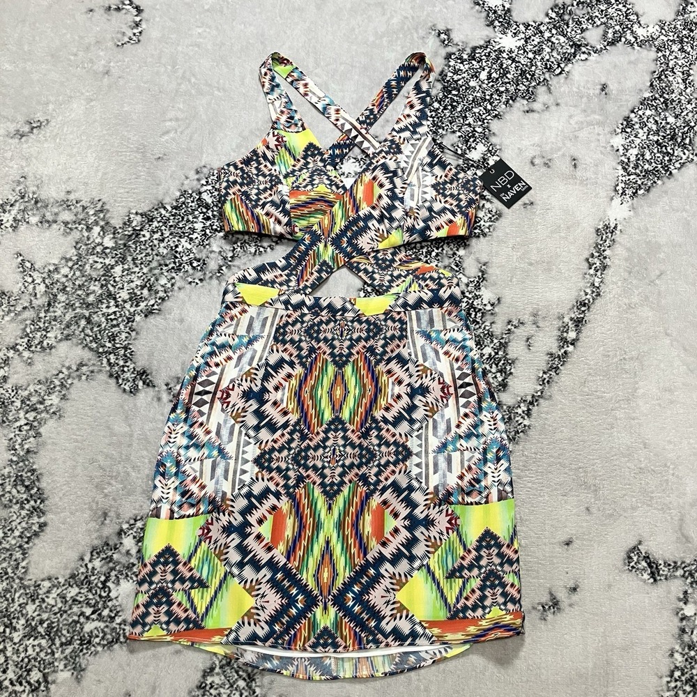 NBD x Naven Twins Cutout Bodycon Dress Womens Sz‎ S Tribal Neon Multicolor NWT